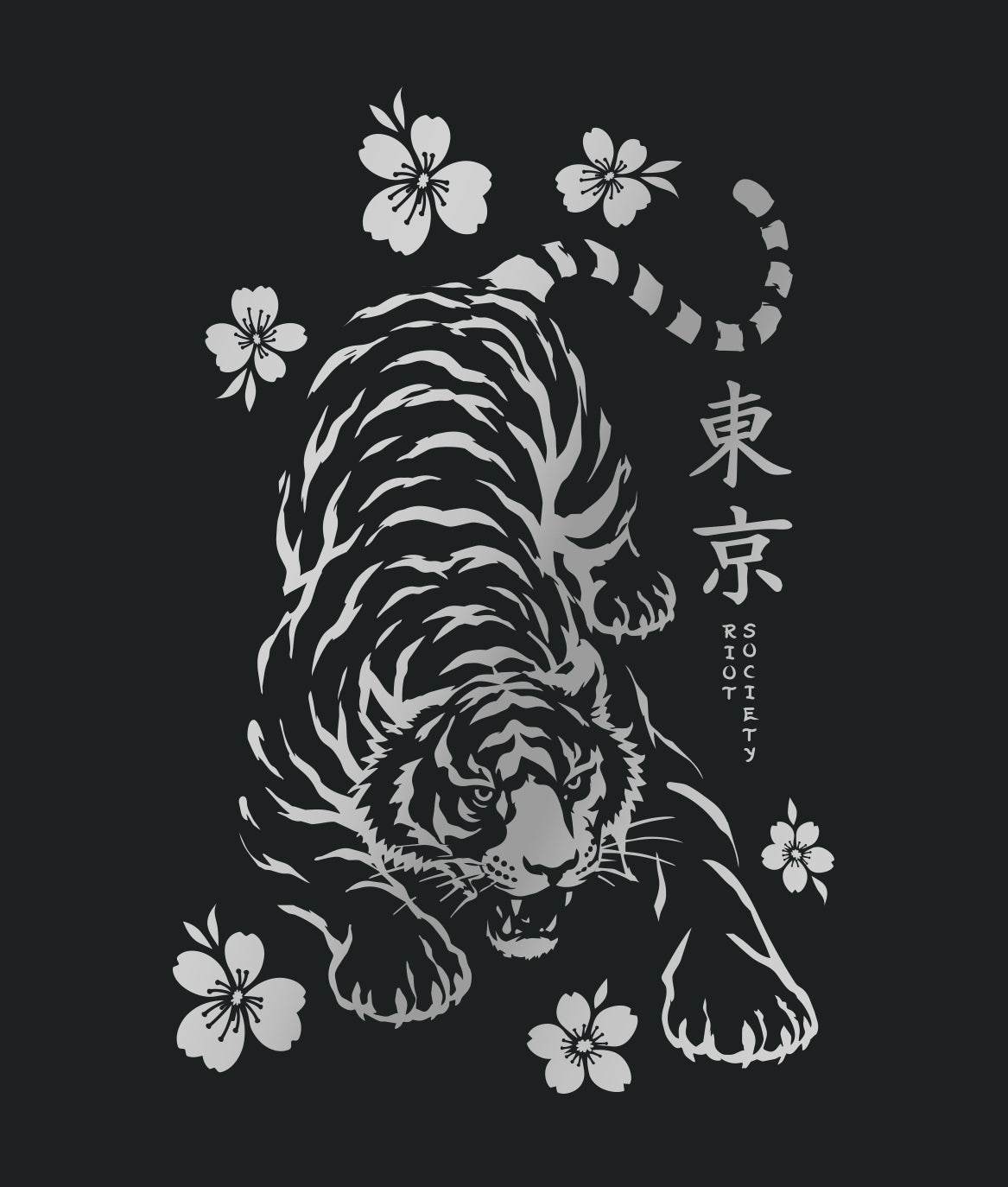 Tiger Cherry Blossoms Kanji Metallic Boyfriend Tee - Black - - Riot Society