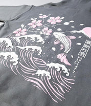 Koi Cherry Blossoms Wave Puff Womens Hoodie - Charcoal - - Riot Society