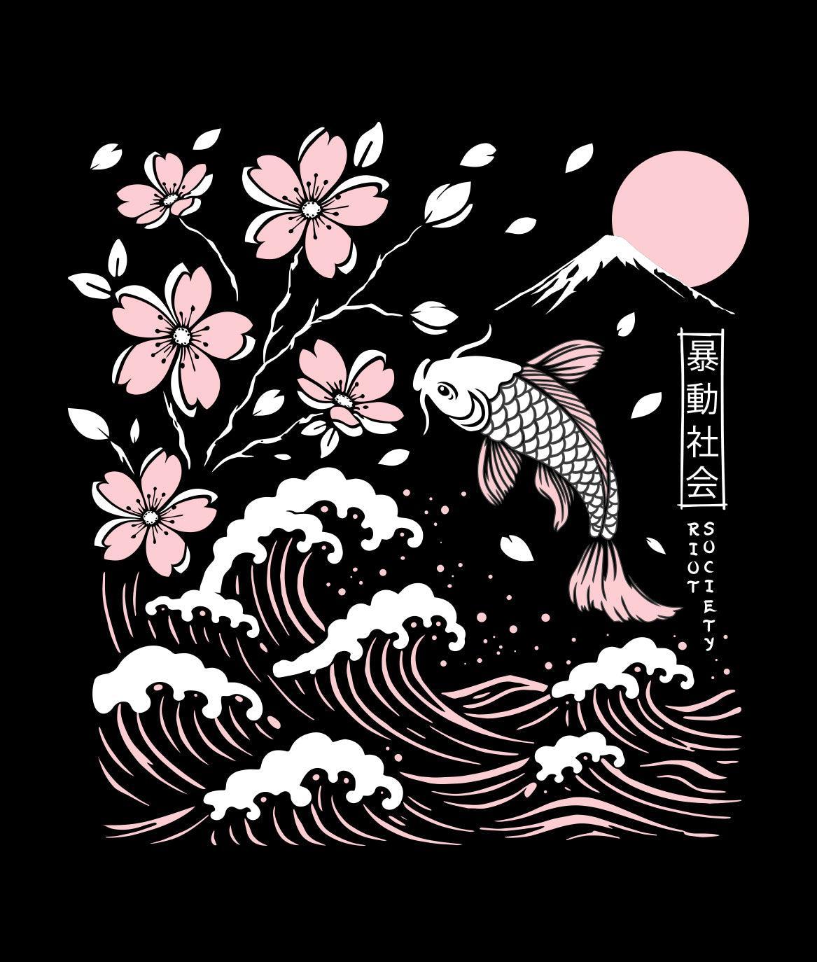 Koi Cherry Blossoms Wave Girls Tee - Black - - Riot Society