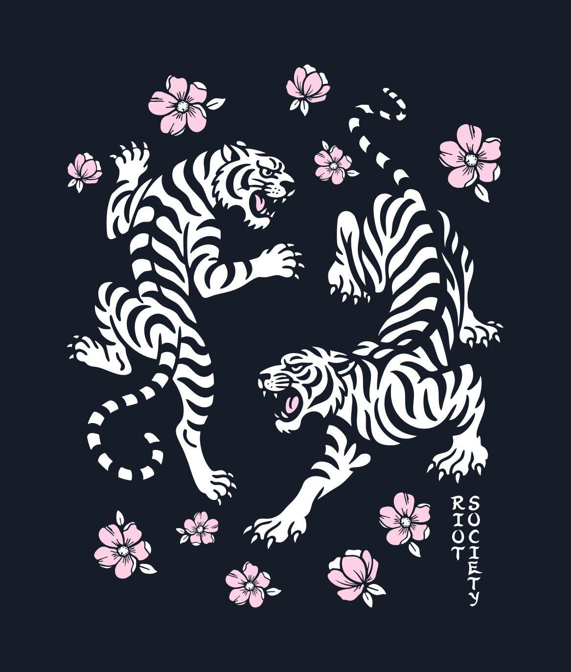Tiger Cherry Blossoms Girls Tee - Navy - - Riot Society