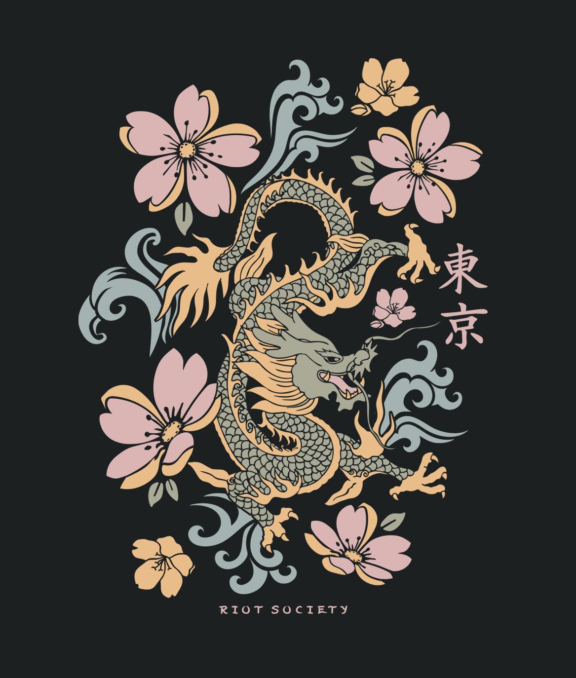 Dragon Cherry Blossoms Puff Boyfriend Tee - Black - - Riot Society