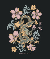 Dragon Cherry Blossoms Puff Boyfriend Tee - Black - - Riot Society