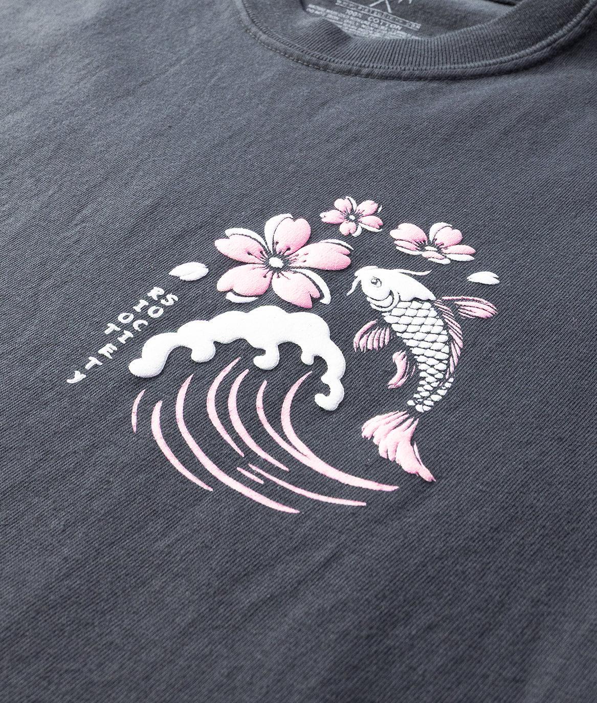 Koi Cherry Blossoms Wave Puff Boyfriend Tee - Graphite - - Riot Society