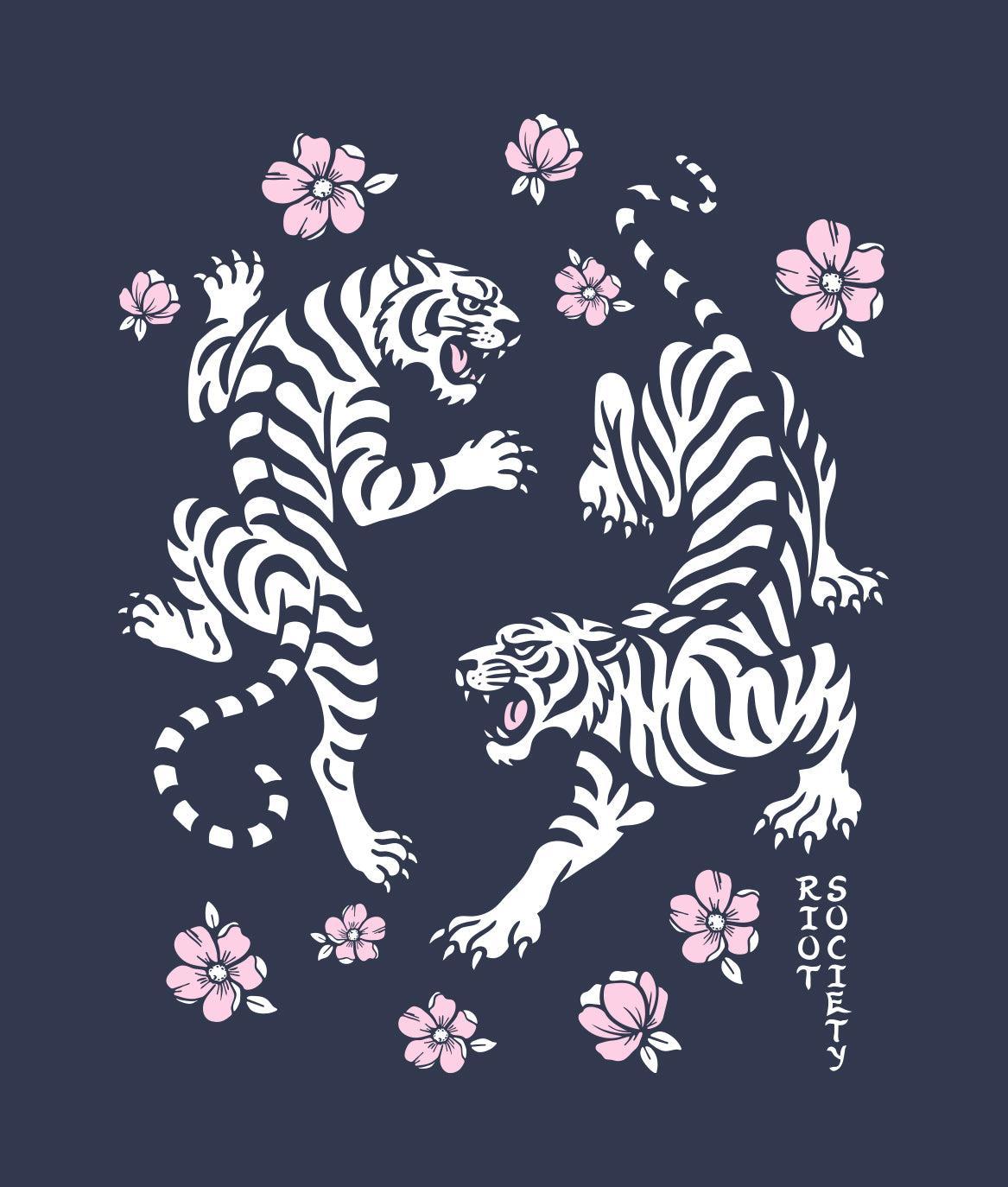 Tiger Cherry Blossoms Puff Boyfriend Tee - Navy - - Riot Society