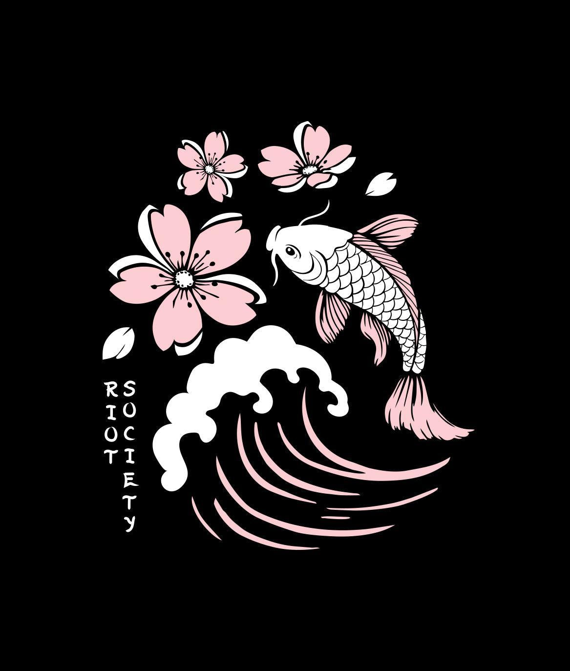 Koi Cherry Blossoms Wave Girls Tee - Black - - Riot Society