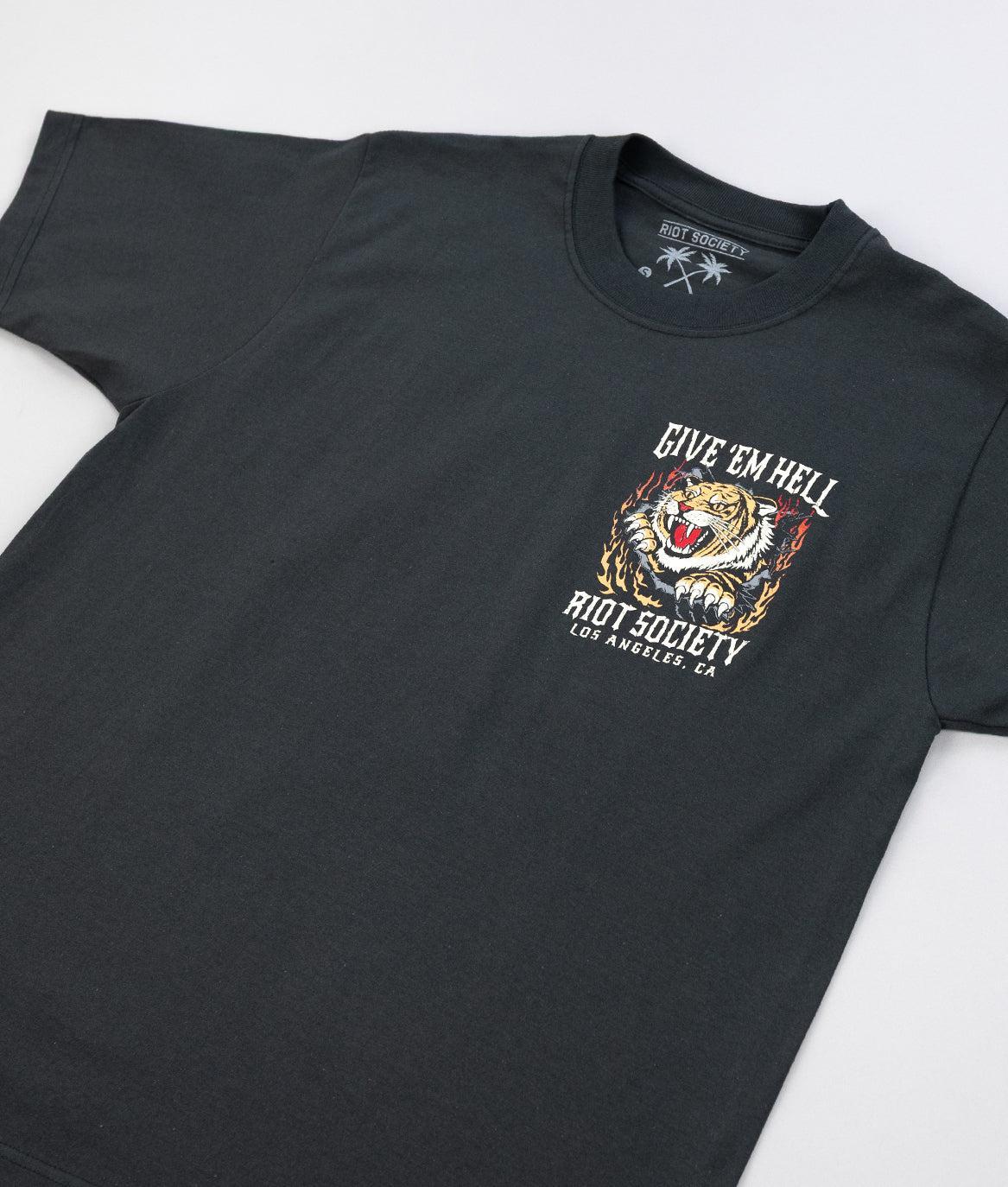 Tiger Flames Give 'Em Hell Heavyweight Boxy Mens T-Shirt - Vintage Black - - Riot Society