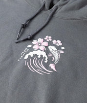 Koi Cherry Blossoms Wave Puff Womens Hoodie - Charcoal - - Riot Society