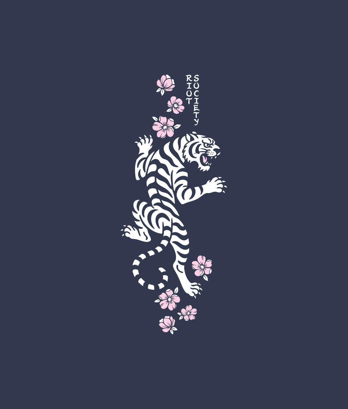 Tiger Cherry Blossoms Puff Boyfriend Tee - Navy - - Riot Society