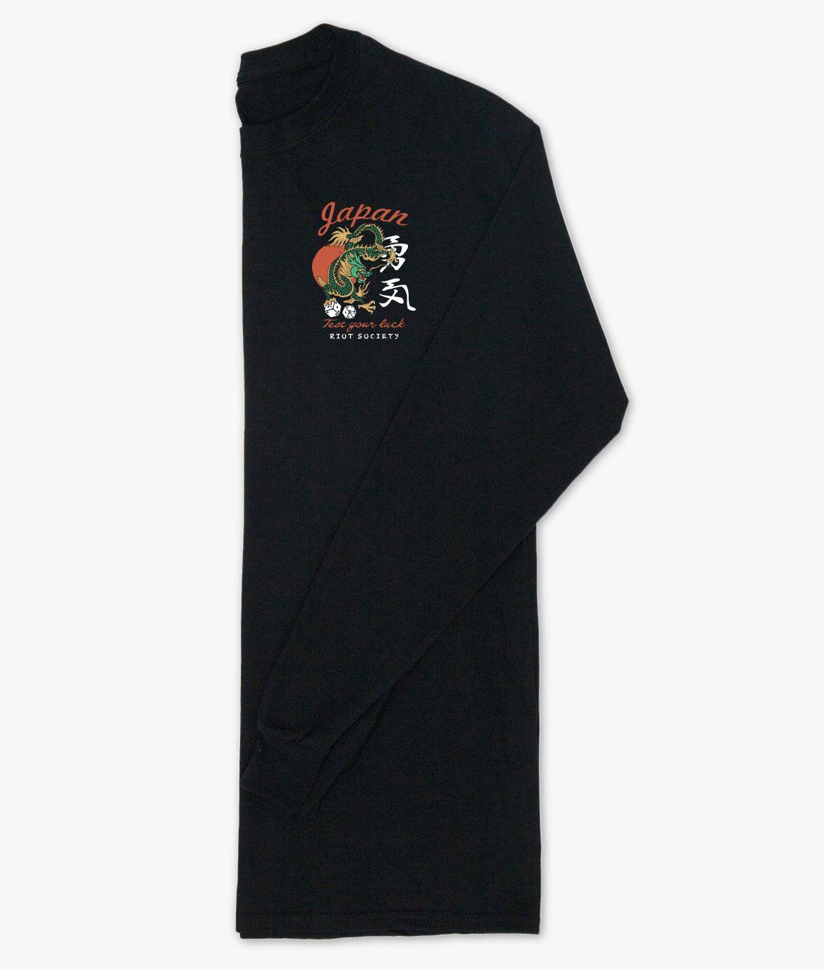 Japan Test Your Luck Dragon Puff Mens Long Sleeve T-Shirt - Black - - Riot Society
