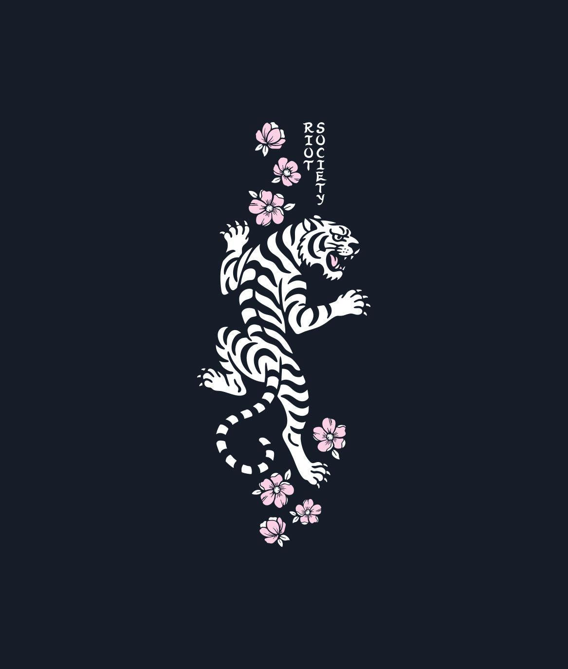 Tiger Cherry Blossoms Girls Tee - Navy - - Riot Society