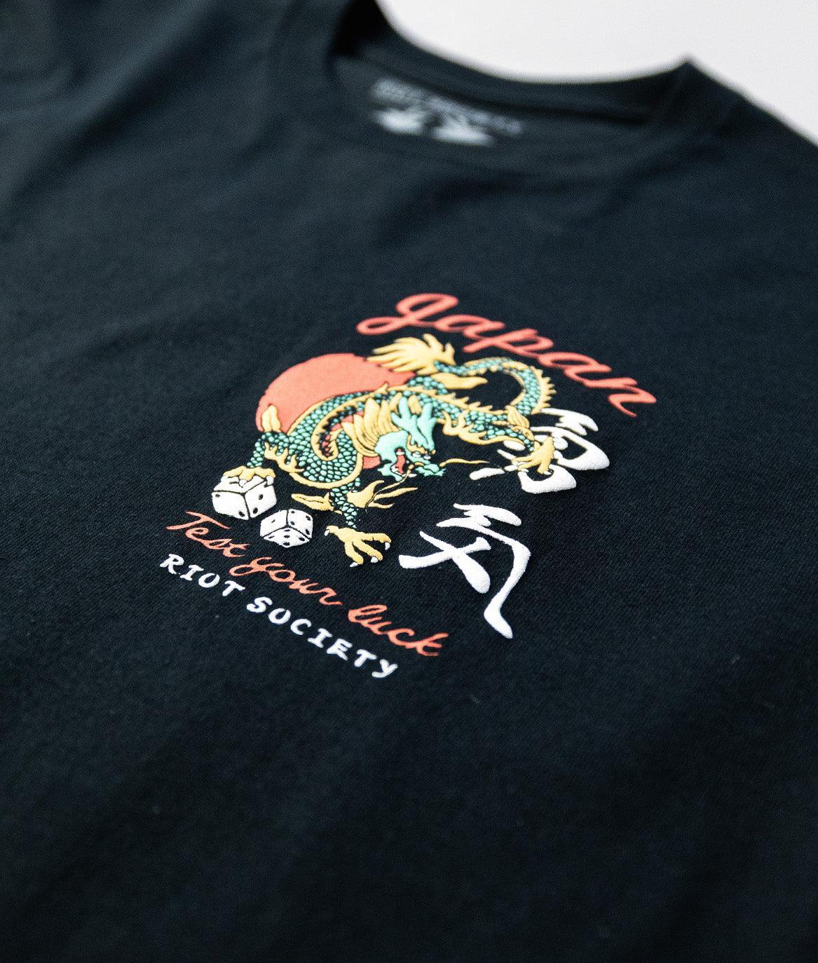 Japan Test Your Luck Dragon Puff Mens Long Sleeve T-Shirt - Black - - Riot Society