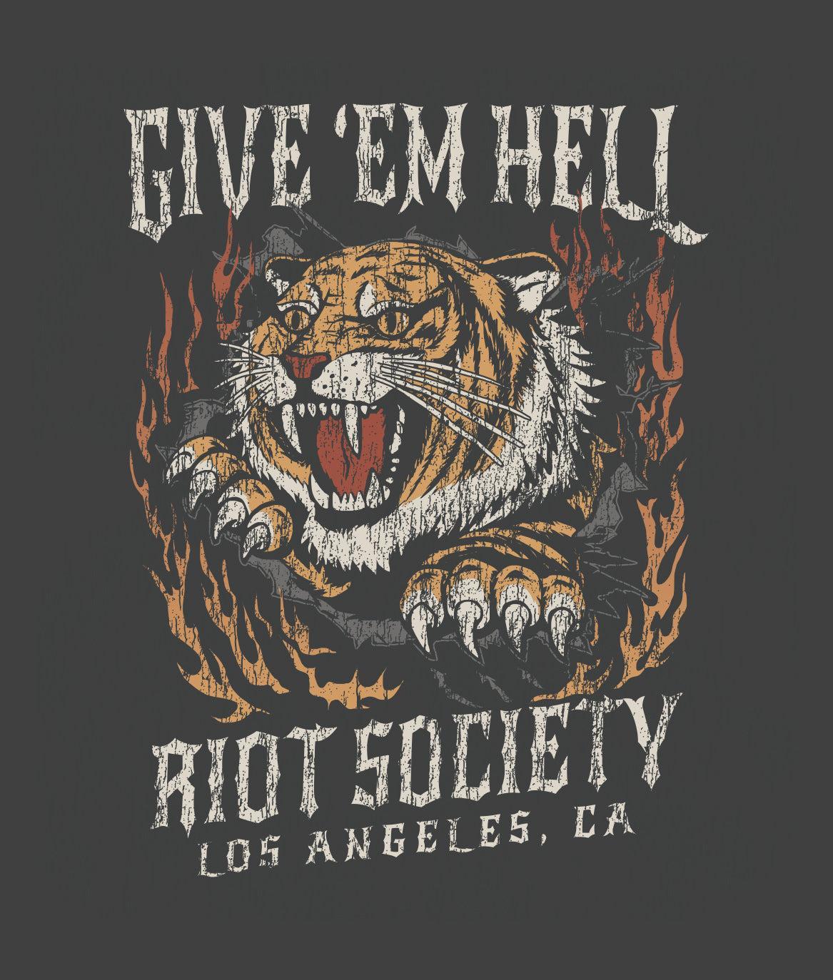 Tiger Flames Give 'Em Hell Heavyweight Boxy Mens T-Shirt - Vintage Black - - Riot Society