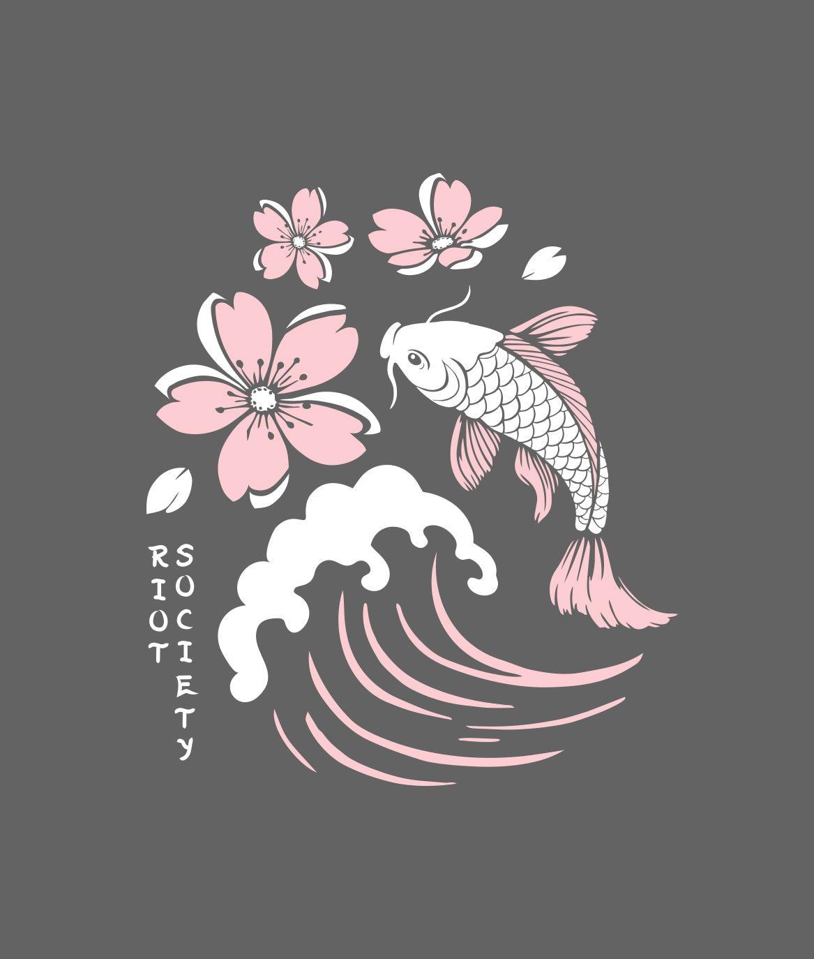 Koi Cherry Blossoms Wave Puff Womens Hoodie - Charcoal - - Riot Society