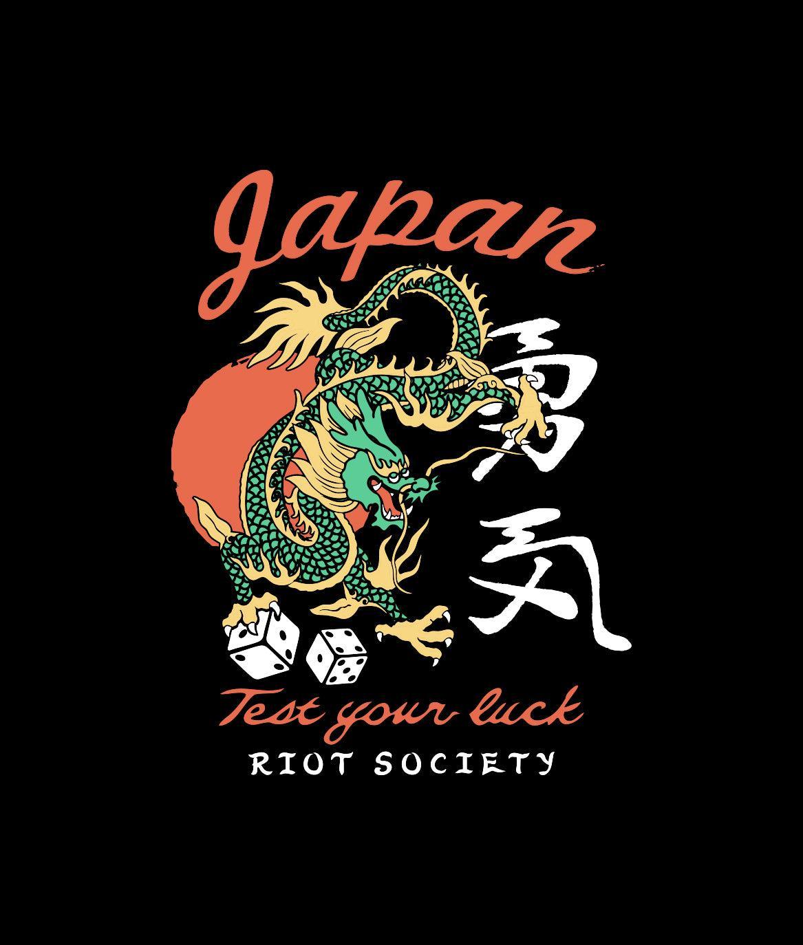 Japan Test Your Luck Dragon Puff Mens Long Sleeve T-Shirt - Black - - Riot Society
