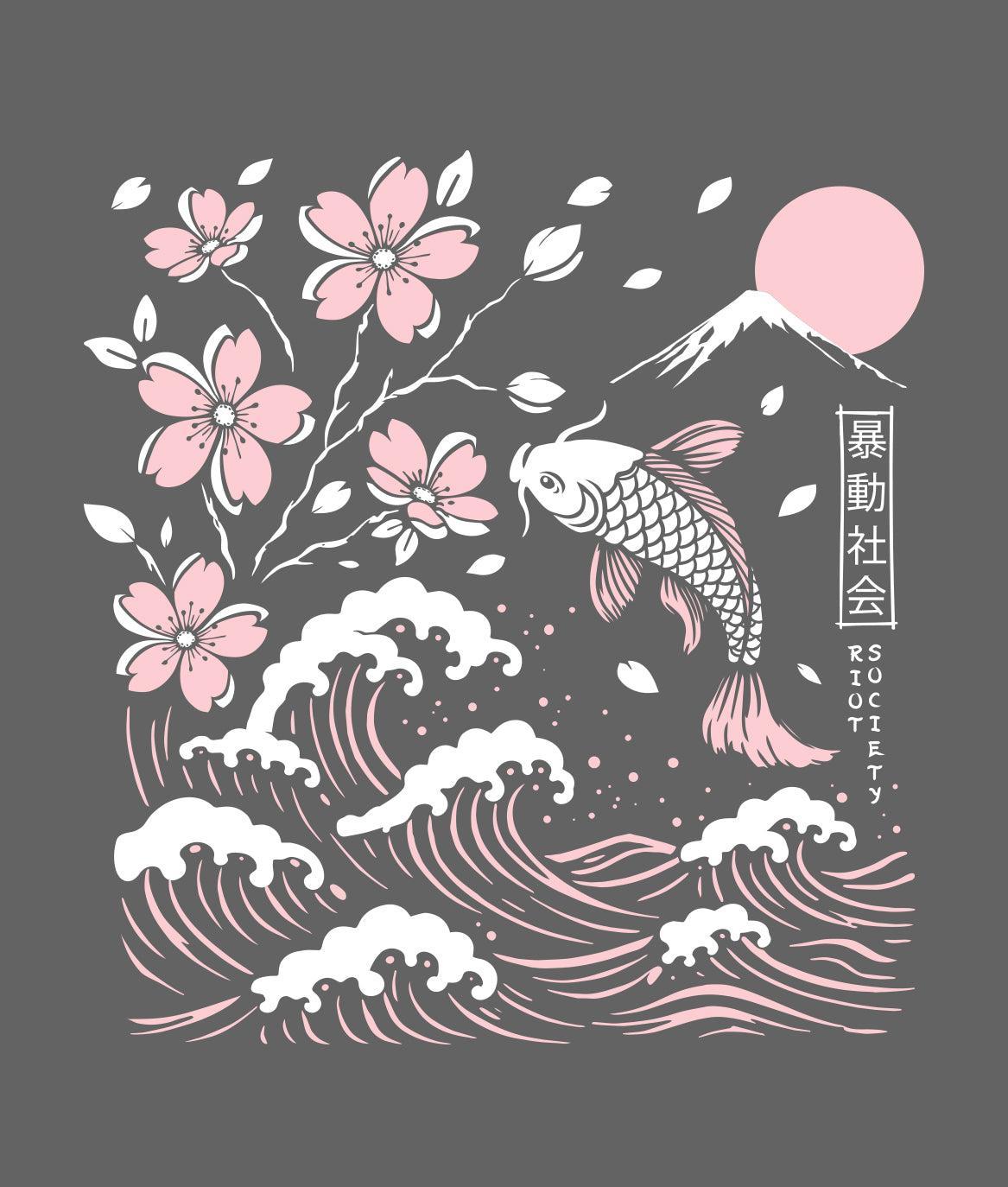 Koi Cherry Blossoms Wave Puff Womens Hoodie - Charcoal - - Riot Society
