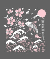 Koi Cherry Blossoms Wave Puff Womens Hoodie - Charcoal - - Riot Society