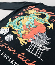 Japan Test Your Luck Dragon Puff Mens Long Sleeve T-Shirt - Black