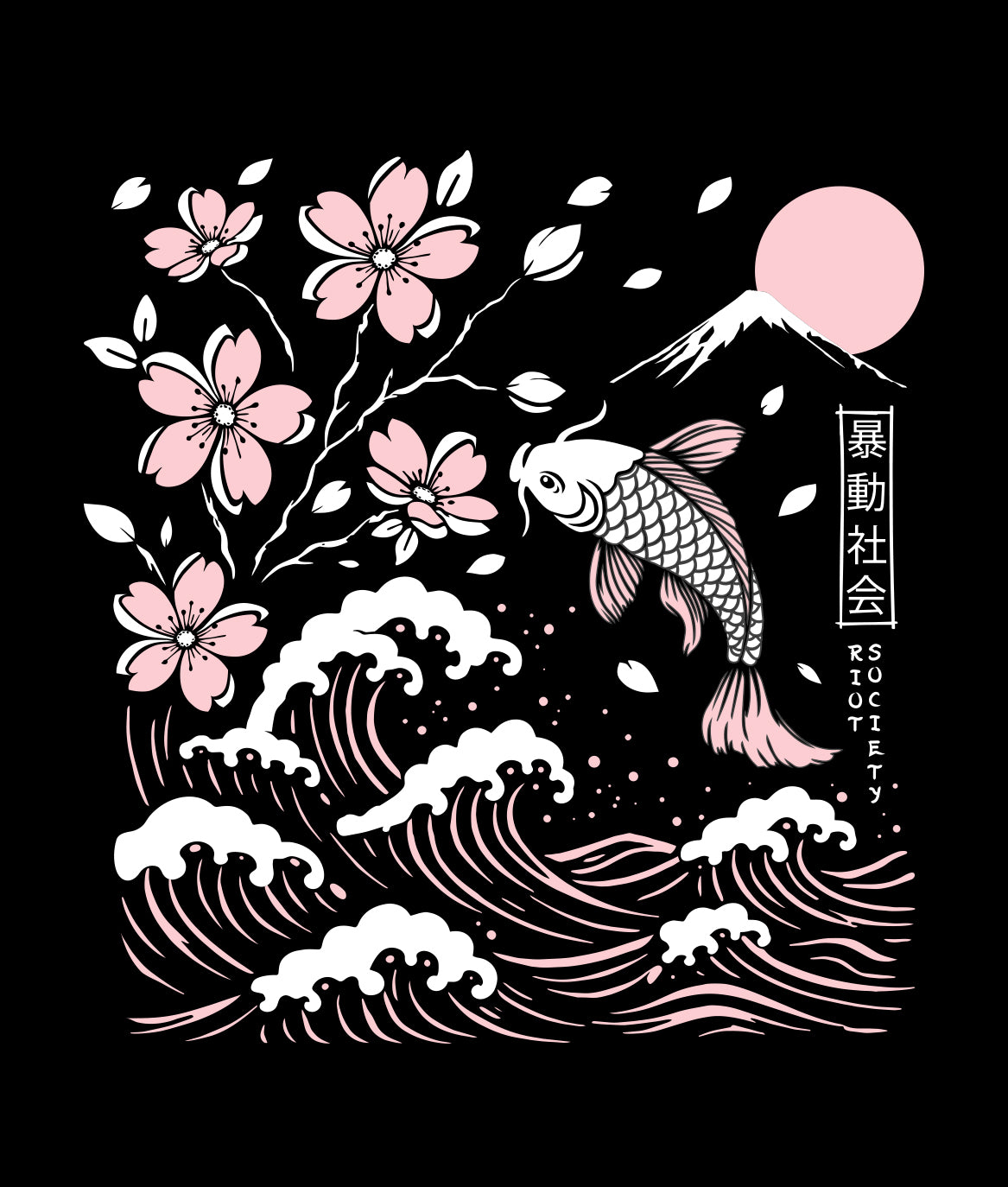 Koi Cherry Blossoms Wave Girls Tee - Black