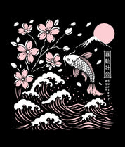 Koi Cherry Blossoms Wave Girls Tee - Black