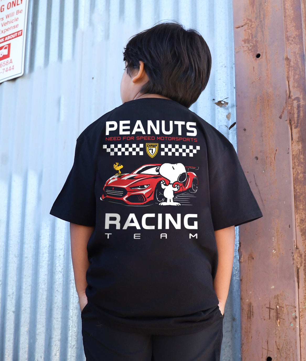Peanuts Snoopy & Woodstock Racing Team Boys Tee - Black