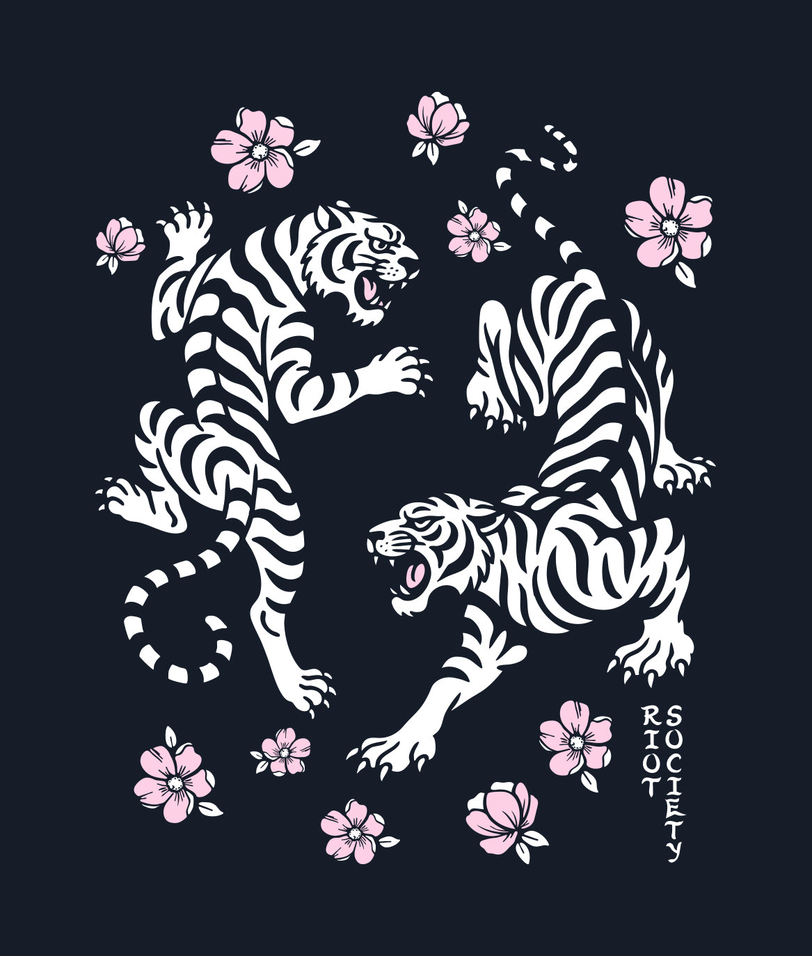 Tiger Cherry Blossoms Girls Tee - Navy