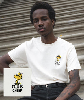Peanuts Woodstock Talk is Cheep Embroidered Mens T-Shirt - S - Riot Society
