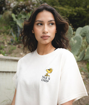 Peanuts Woodstock Talk is Cheep Embroidered Womens Tee - S - Riot Society