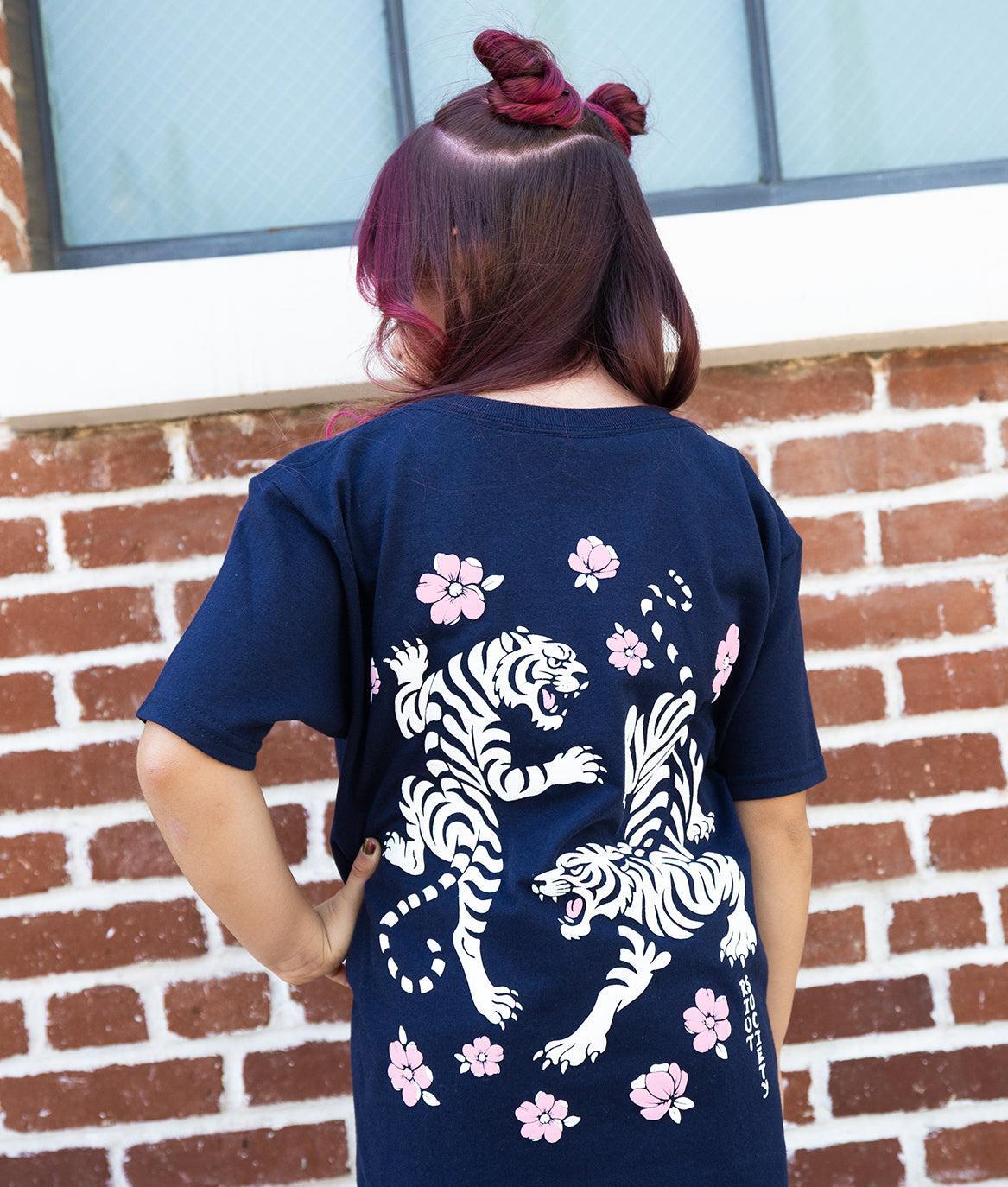 Tiger Cherry Blossoms Girls Tee - Navy - XS - Riot Society