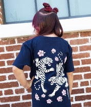Tiger Cherry Blossoms Girls Tee - Navy - XS - Riot Society