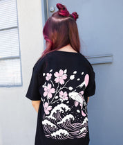 Koi Cherry Blossoms Wave Girls Tee - Black - XS - Riot Society