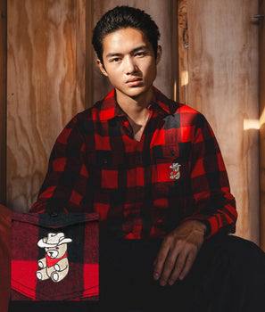 Teddy Bear Cowboy Embroidered Mens Premium Yarn-Dyed Long Sleeve Flannel Shirt - S - Riot Society