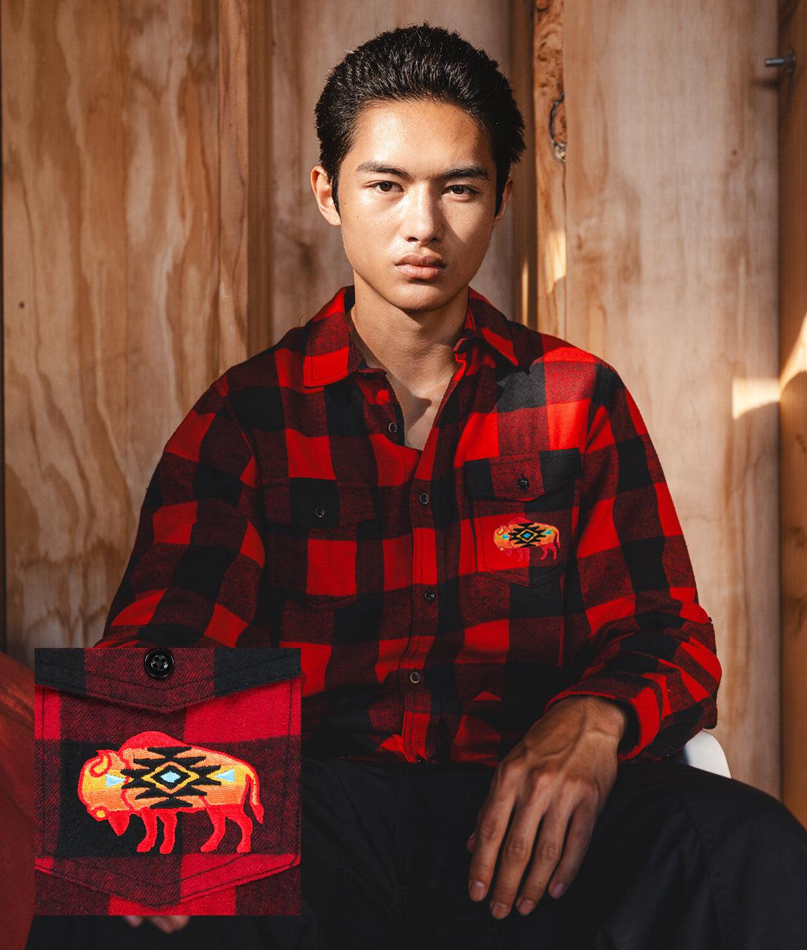 Native Buffalo Embroidered Mens Premium Yarn-Dyed Long Sleeve Flannel Shirt - S - Riot Society