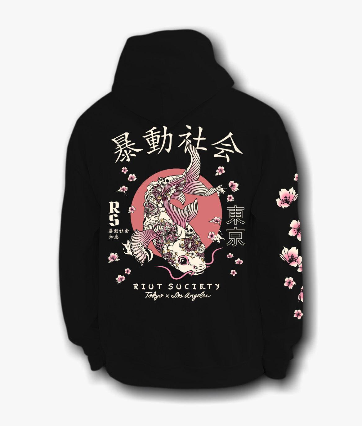 Japan Koi Tattoo Blossom Kanji Mens Hoodie - Black - S - Riot Society
