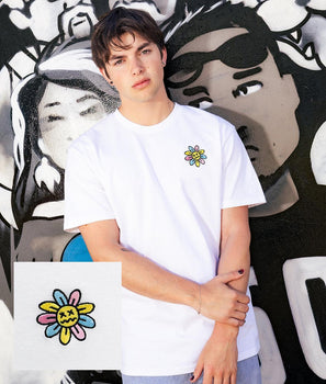 Woozy Face Flower Embroidered Mens T-Shirt - S - Riot Society