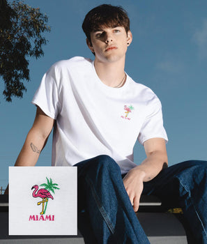 Flamingo Palm Miami Embroidered Mens T-Shirt - S - Riot Society