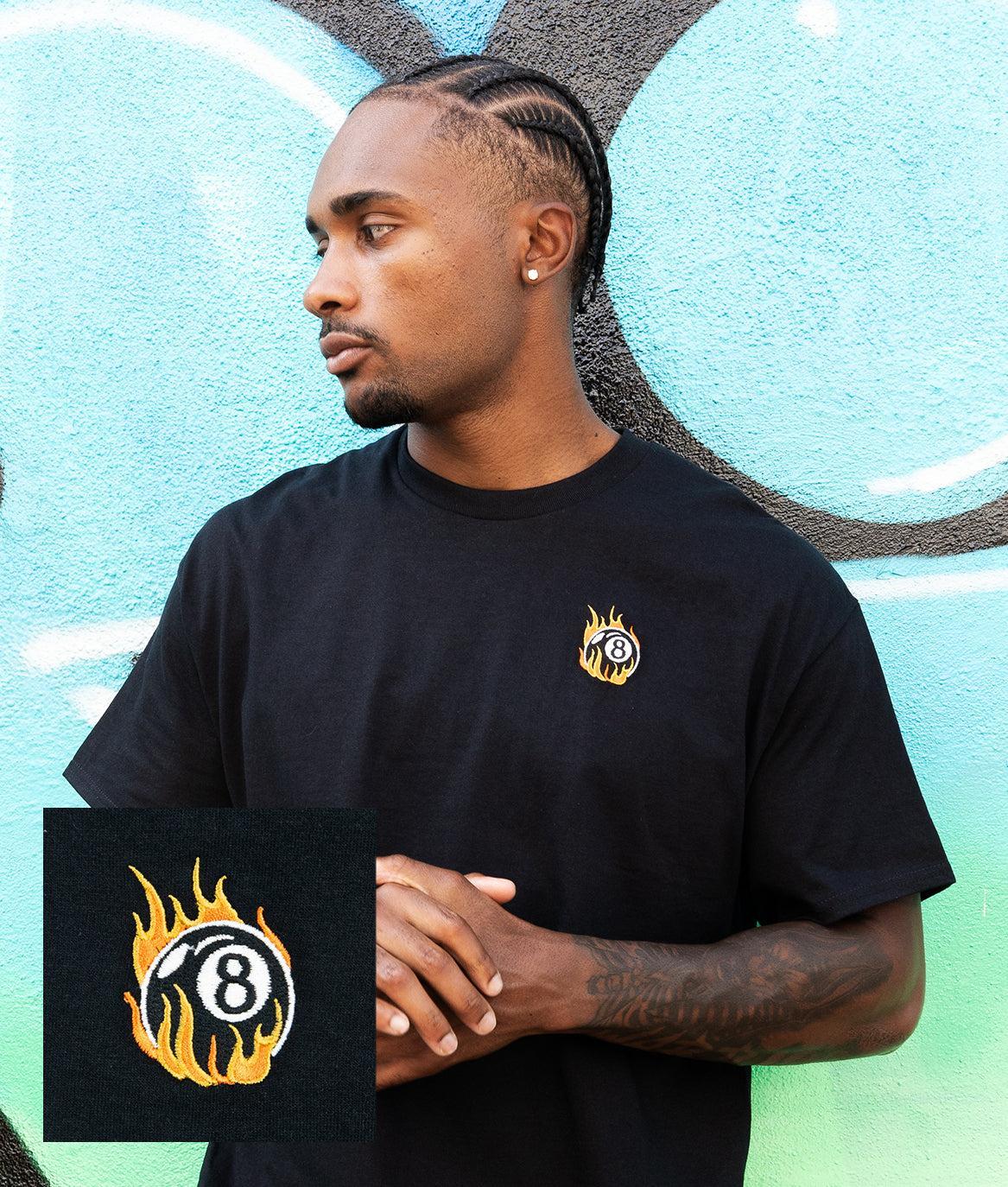 8 Ball Flames Embroidered Mens T-Shirt - S - Riot Society