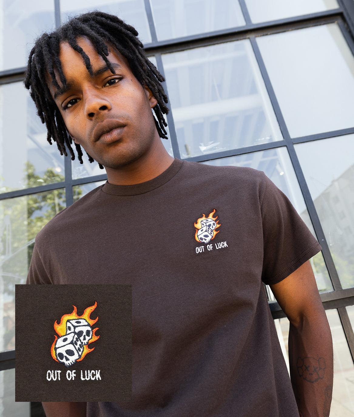 Out Of Luck Skull Dice Flames Embroidered Mens T-Shirt - S - Riot Society