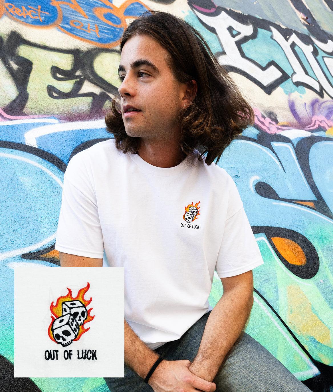 Out Of Luck Skull Dice Flames Embroidered Mens T-Shirt - S - Riot Society