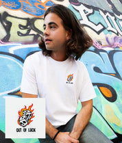Out Of Luck Skull Dice Flames Embroidered Mens T-Shirt - S - Riot Society