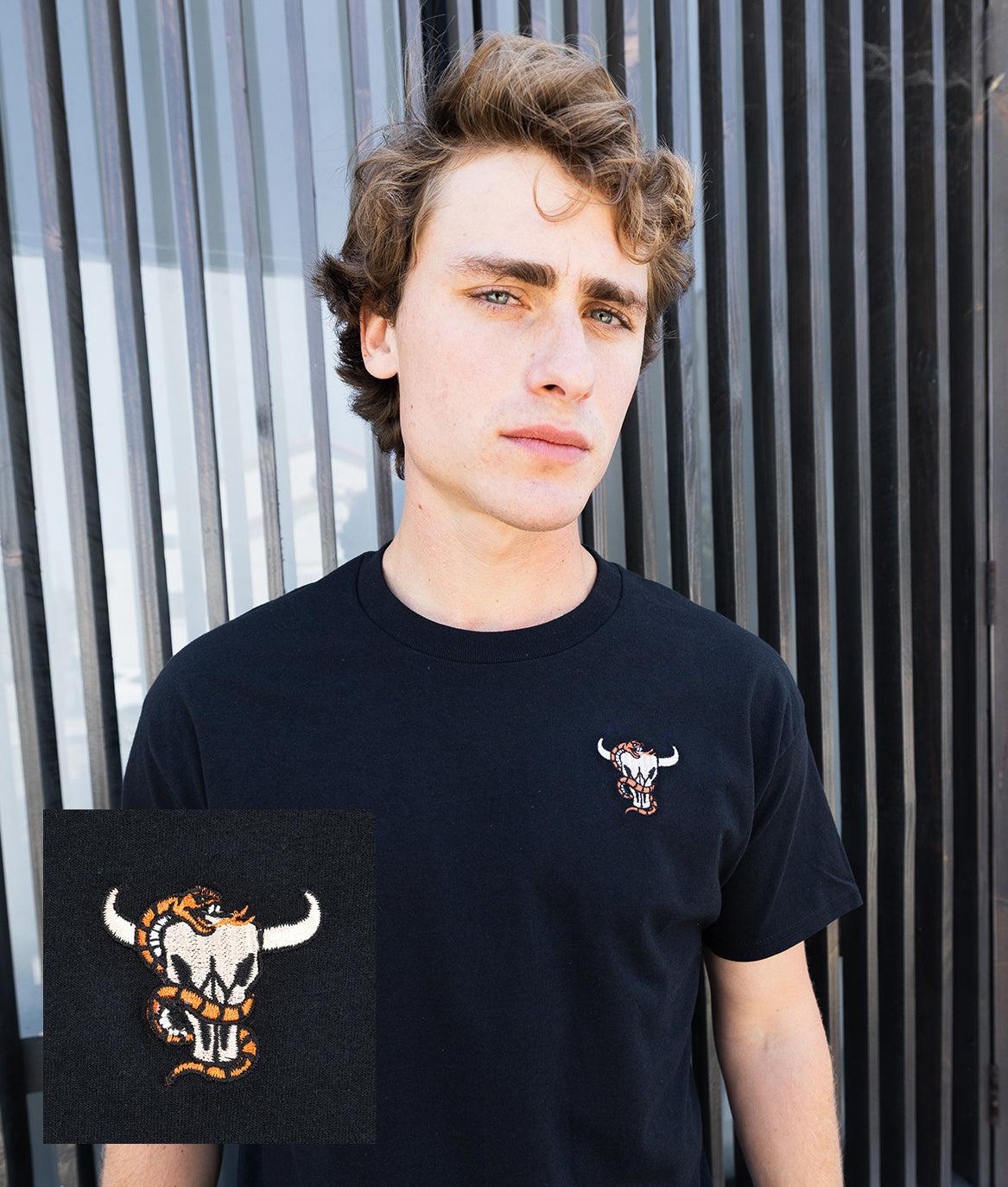 Bull Skull Snake Embroidered Mens T-Shirt - S - Riot Society