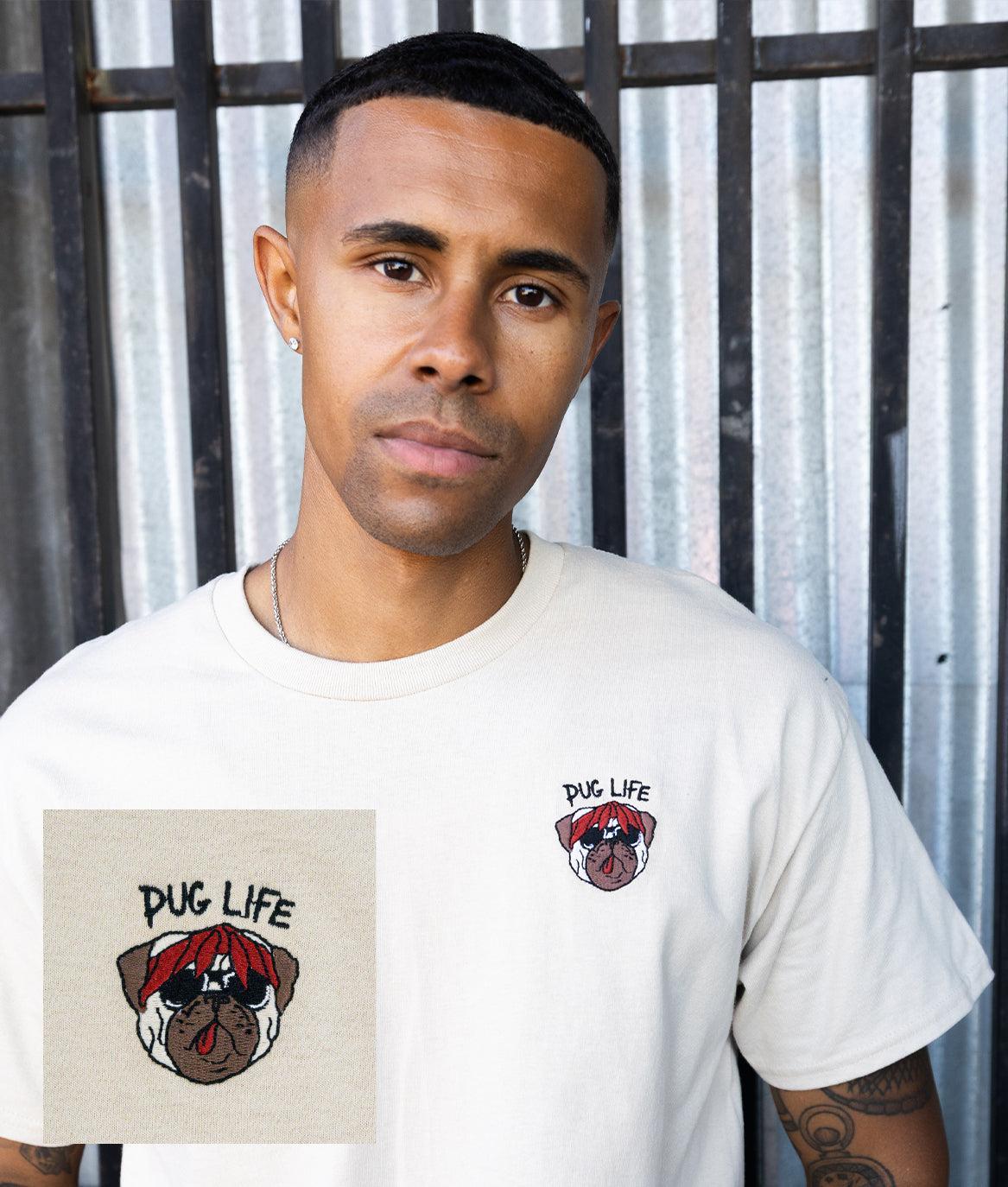 Pug Life Embroidered Mens T-Shirt - Sand - S - Riot Society