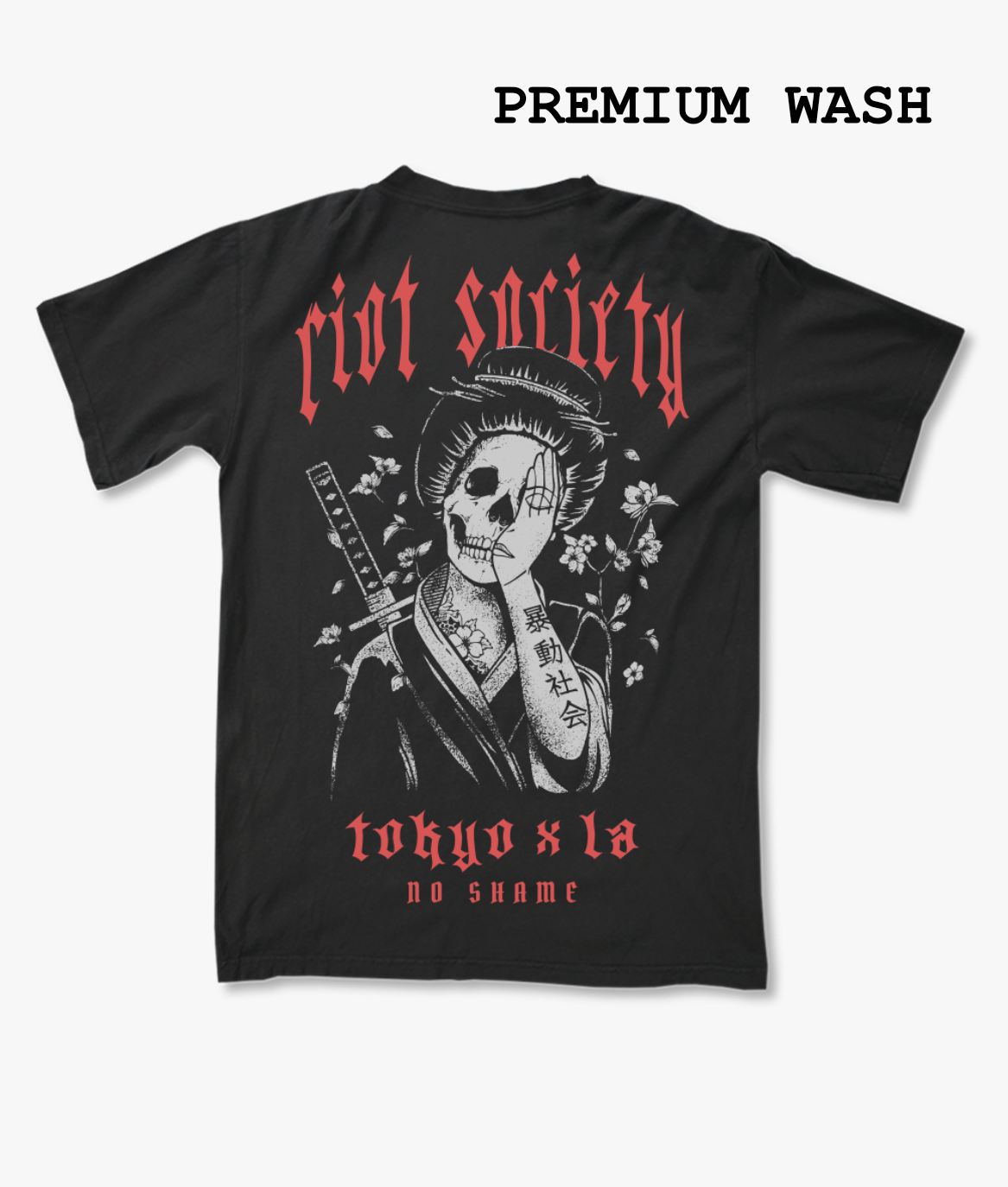 Geisha Shame Distressed Premium Wash Mens T-Shirt - Washed Black - S - Riot Society