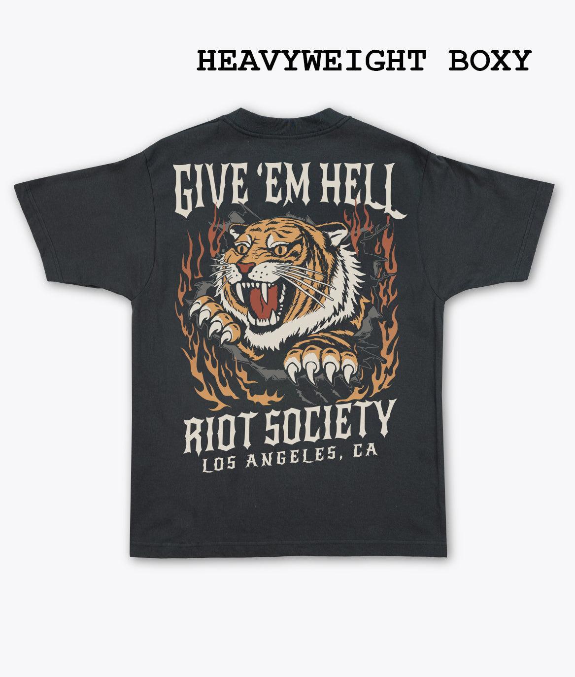 Tiger Flames Give 'Em Hell Heavyweight Boxy Mens T-Shirt - Vintage Black - S - Riot Society