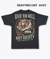 Tiger Flames Give 'Em Hell Heavyweight Boxy Mens T-Shirt - Vintage Black - S - Riot Society