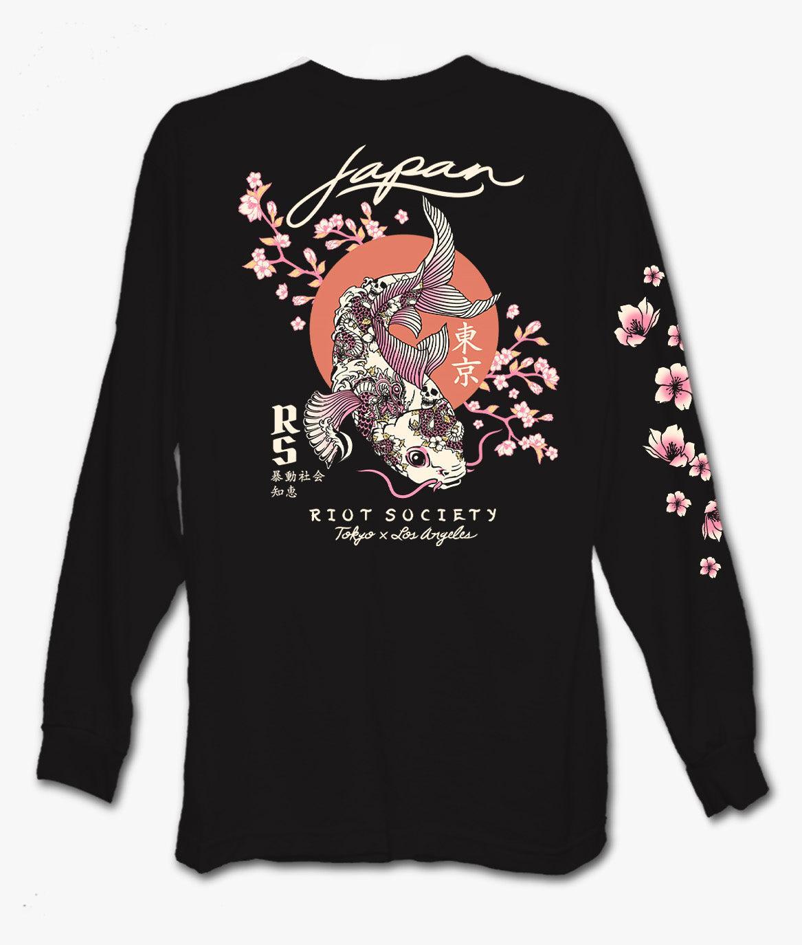 Japan Koi Tattoo Blossom Mens Long Sleeve T-Shirt - Black - S - Riot Society