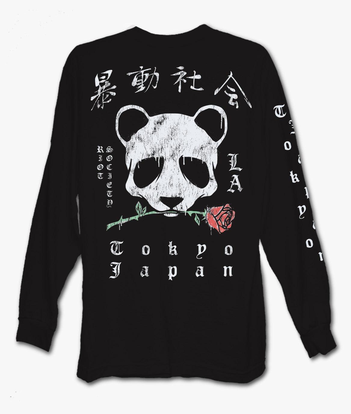 Panda Rose Distressed Mens Long Sleeve T-Shirt - Black - S - Riot Society