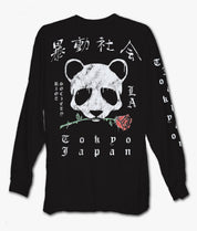 Panda Rose Distressed Mens Long Sleeve T-Shirt - Black - S - Riot Society