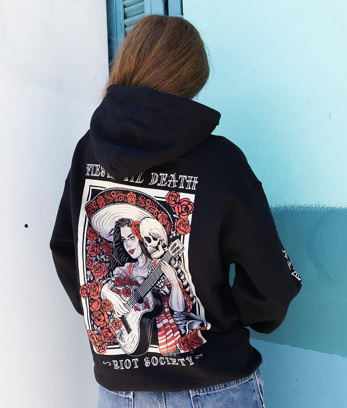Fiesta Til Death Skeleton Poster Womens Hoodie - Black - S - Riot Society