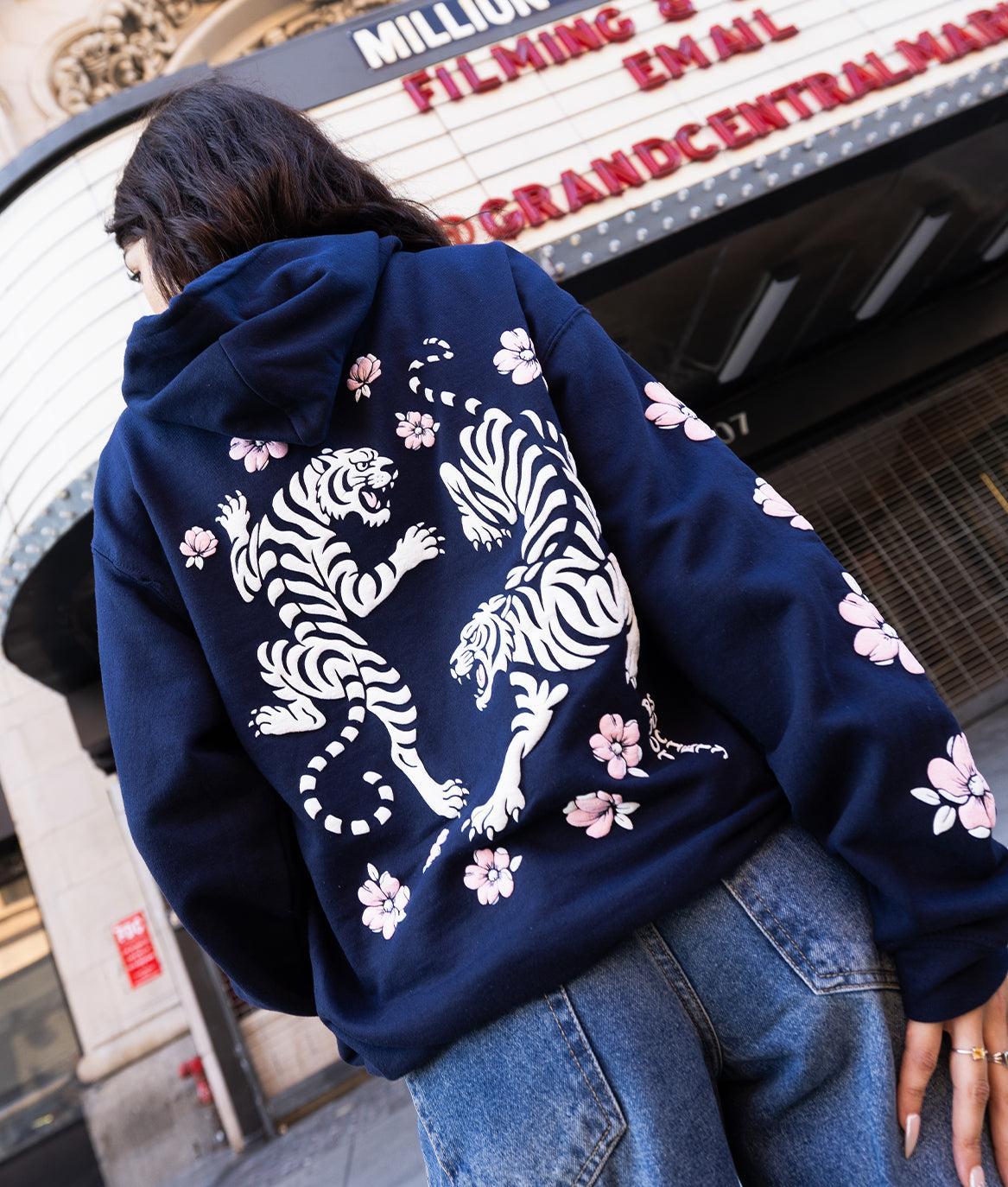 Tiger Cherry Blossoms Puff Womens Hoodie - Navy - S - Riot Society