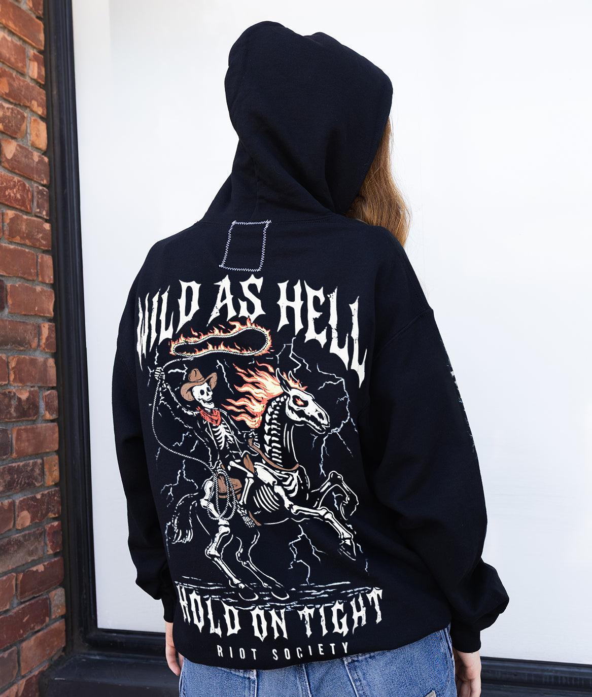 Wild As Hell Skeleton Hold On Tight Womens Hoodie - Black - S - Riot Society